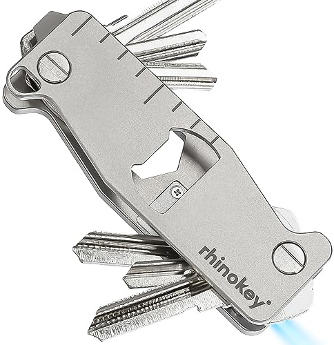 Rhinokey® - Titanio llavero organizador de llaves llavero llavero compacto cartera de llaves integrado luz LED y más de 10 multifuncionales, Gris, Normal