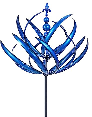 Jomewory Windspiel Für Garten, Blumen Windspiel Garten Statue, Dekorativer 360-Grad Yard Spinner aus Metall, Outdoor Dekorationen Für Yard Art Lawn - 14x14x90cm, Blau