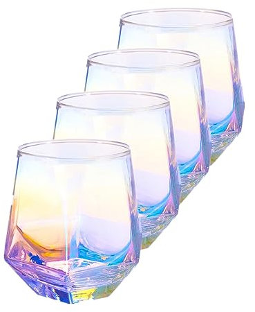 YUHANOER Stemless Wine Glasses Set Of 4,10Oz Iridescent Glassware,Modern Rainbow Glassware Colored Tumblers For for Red Wine,Cocktails,Whiskey,Gifts Wine lovers