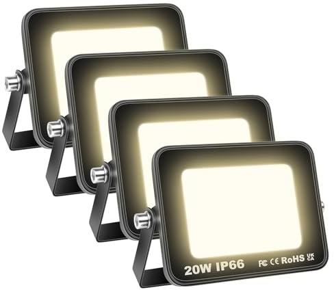 AUXTINGS 4 Pièces 20W Projecteurs LED Extérieur,2000lm Eclairage de Sécurité Spot LED Extérieur,Blanc Chaud 4000K Lumineuse Lampe pour Entrepôt Garage Jardin Stade Arrière-cour,175V-260V Imperméable