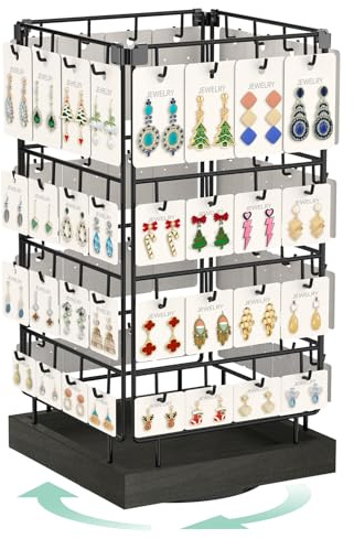 EsLuker.ly Rotierender Ohrringständer Ohrringe Aufbewahrung Ohrringhalter Organizer für Verkäufer, Ohrringkarten Schmuckaufbewahrung Earring Rack Display Stand mit 64 Haken, Schwarz | Schmuckregal mit 64 Haken und Holzsockel für Ohrringkartenverkauf, verbessert die Sichtbarkeit des Einzelhandels
