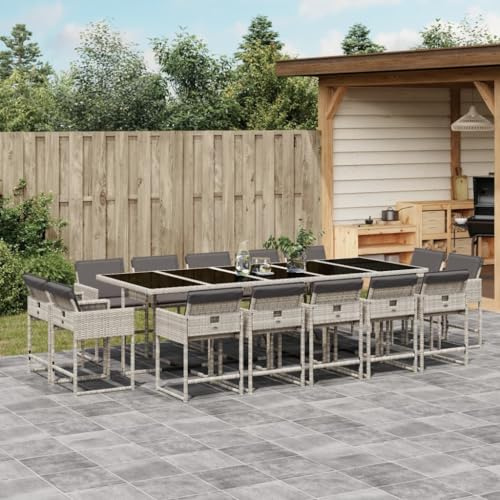 Faroom Polyrattan Sitzgruppe for 14 Personen - Gartenmöbel Set 14 Stühle mit Tisch mit Glasplatte & Kissen - Garten Sitzgruppe - Polyrattan Gartenmöbel Set für Garten & Terrasse Hellgrau AS 12
