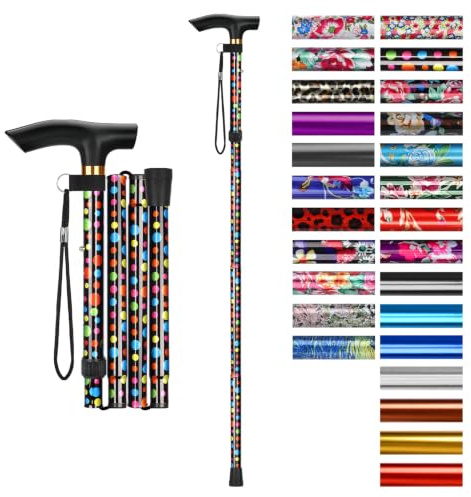 supregear Canne Pliante, Hauteur Réglable à 5 Niveaux Canne de Marche Légère Portable Bâtons de Voyage avec Dragonne et Poignée en T pour Personnes Âgées Handicapées Hommes Femmes, Pois Noirs