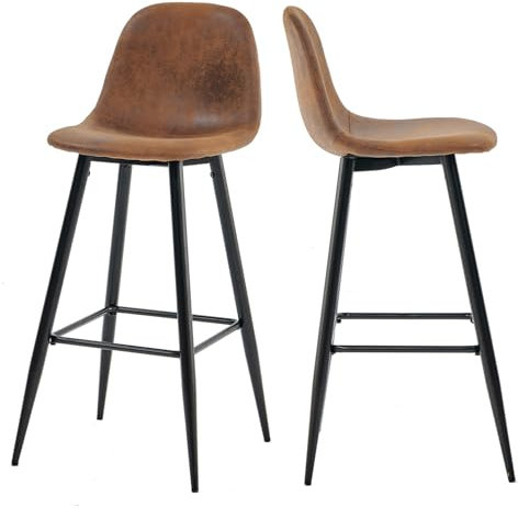 MEUBLE COSY Barhocker 2er Set Barstuhl Vintage mit Lehne und Fußstütze Sitzhöhe 76 cm aus Wildleder Metallbeine für Bar Bistro Café Küche, Kunstleder, Industrie-Design, Braun