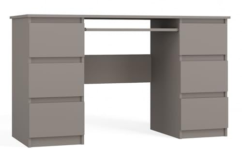 CDF Schreibtisch Computertisch Arbeitstisch für Home Office Jugendzimmer Bürotisch mit 6 Schubladen und Tastaturauszug Modernes Design Stabil 130 x 51 x 76 cm - Lehm (grau)