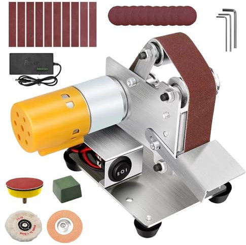 Electric Belt Grinder, Compact Belt Sander with 10 Sanding Belts, 7 Speed Adjustable/ 54°Angle About Adjustable/Two-way Polishing, for DIY/Knife Making/Metal/Polishing