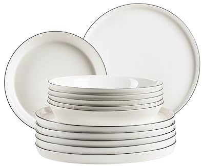 MÄSER, Serie Sita, Teller Set für 6 Personen, Essgeschirr aus weißem Porzellan mit schwarzem Rand, schlicht, elegant, Porzellan, weiß