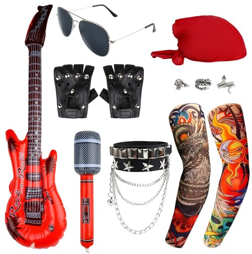 11Pcs Rock Star Fancy Dress Kids, Punk Accessories, Rock Star Accessories for Kids, 80s Accessorie, Rockstar Fancy Dress Adult with Ring Glasses Gloves Sleeves Bandana Bracelet Inflatable Guitar Mic