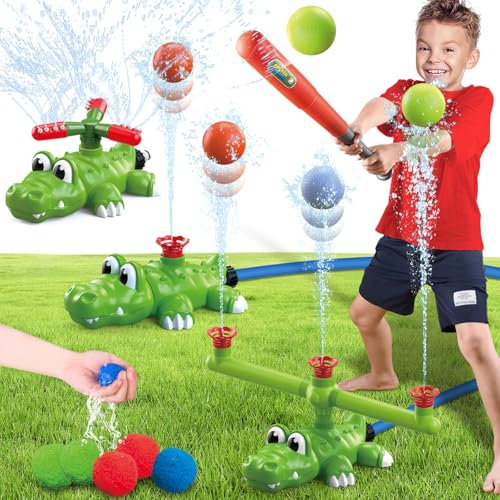 Intoypad 4-in-1 Kids Water Sprinklers T Ball Set & Water Ball Toy, Crocodile Baseball Sprinkler for Backyard Outdoor Summer Toys for Boys Girls Outside Yard Water Game Toys for Kids Toddlers Ages 3-8