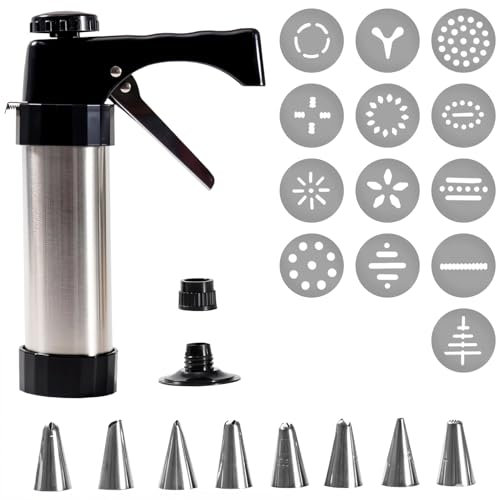 kathson Cookie Press Cookie Press For Baking Stainless Steel Cookie Press Spritz Cookie Press with 13 Cookie Discs+8 Icing Nozzle Spritz Cookie Press Gun Kit for DIY Biscuit Cake Icing Decoration
