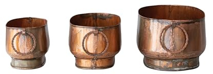 Creative Co-Op 3-Piece Oval Metal Planters with Ring Handles, Antique Copper Finish