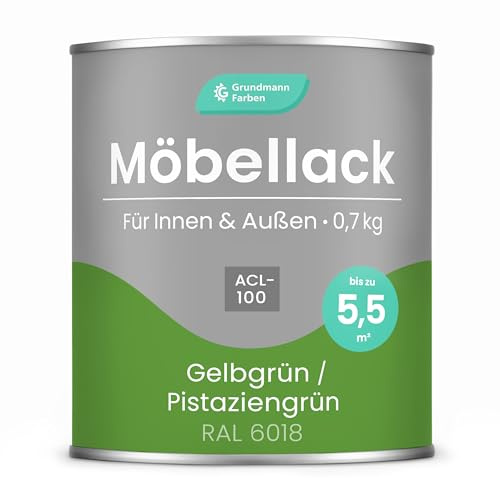 Grundmann Möbellack ACL 100 - Pistaziengrün 0,7 Kg - Lösemittelfrei & Geruchsarm - 4in1 Möbelfarbe inkl. Grundierung - Innen und Außen - Für Holz, Metall & Kunststoff - Gelbgrün RAL 6018