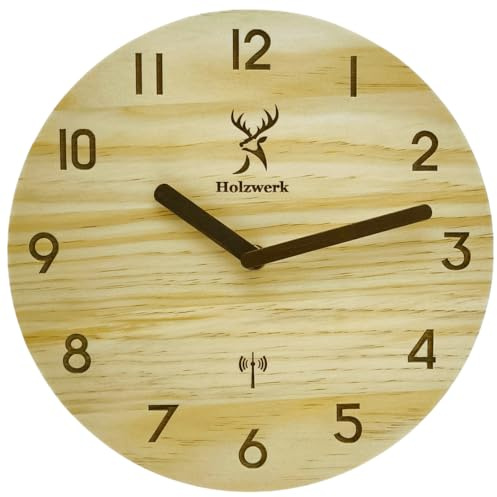 Holzwerk Germany Natur Holz Funkwanduhr Funk Wanduhr Holz-Uhr Vintage Funkuhr lautloses Uhrwerk ohne Tickgeräusche Braun Weiß lautlos aus handgefertigtem Massivholz Natur 25 cm (..Hw.buche..)