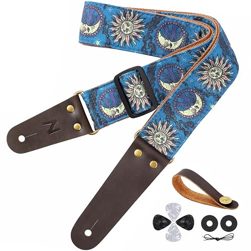Nefelibata Gitarrengurt, Baumwolldruck, Sonnengitarrengurte mit Kopfrindslederenden für Bass, elektrische und akustische Gitarren, kostenloser Gurtknopf, 1 Paar Gurtschlösser und 4 Gitarrenplektren