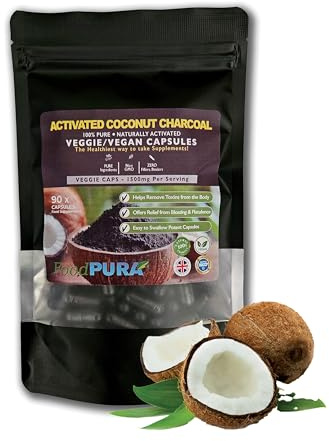 FoodPURA Coconut Activated Charcoal Capsules 1500mg x 90 100% Natural Vegan Digestive Supplement Reduces Bloating & Flatulence After Eating