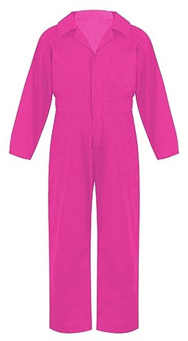 LiiYii Kinder Arbeitsoverall Jungen Ganzkörper Overall Mit Langarm Mechaniker Schutzoverall Mit Reißverschluss Und Tasche Clownkostüm Einfarbig Arbeitskleidung Knalliges Pink 134-140