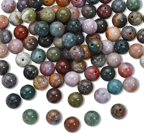 100 Stück Indischer Achat Perlen 8mm – Runde Naturstein Perlen mit Loch, Mehrfarbig Edelsteine zum Auffädeln – Für DIY Armband, Halskette & Schmuckherstellung (Indischer Achat)