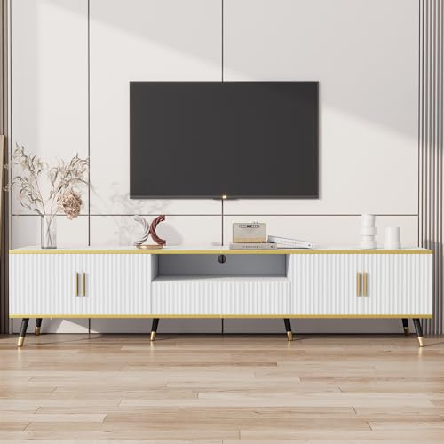 Jaxenor 200cm TV Lowboard mit Offenes Fach, TV Board mit 2 Türen und 1 Schublade, Modern Fernsehschrank mit Marmoroptik, Fernseher Schrank für Wohnzimmer, TV Schrank, Weiß