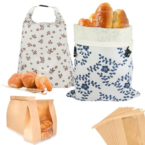 2 Pack Reusable Beeswax Bread Bags for Homemade Sourdough with Zipper, XL | Organic Linen Cotton with Beeswax Lining, 10 Pcs Large Paper Bread Bags, Freezer Storage Bag to Keep Fresh, Easy to Clean
