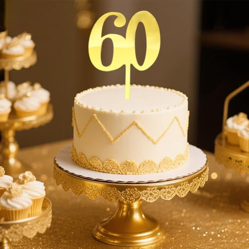 60th Birthday Decorations, 60th Birthday Cake Topper, Gold Cake Decorations, HSC Reusable Acrylic Cake Topper for 60ths Birthday Wedding Anniversary Party Supplies