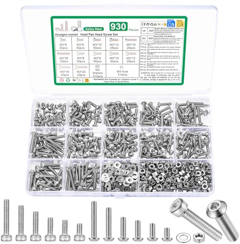 930 Pz Set di Viti M3, Bulloni Viti a Testa Cilindrica con Esagono Incassato, Kit di Assortimento di bulloni Viti a Testa Tonda e Dadi e Rondelle, bulloni a Testa Esagonale(M3)
