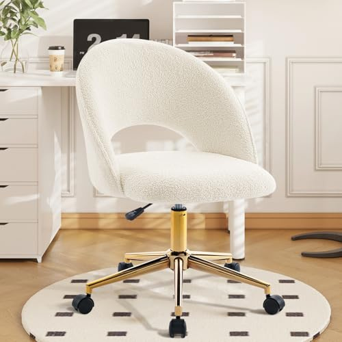 Hellove Schminktisch Stuhl mit Goldenen Beinen, Eleganter Schminkstuhl Drehstuhl ohne Armlehne, Höhenverstellbarer Kosmetikstuhl aus Teddystoff, Modernes Design für Schminkzimmer, Büro, Weiß