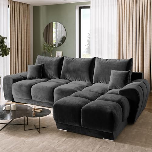 BROMARKT Ecksofa L-Form mit Schlaffunktion Bettkasten 294x184cm Schwarz | Wohnlandschaft mit Schlaffunktion und Bettkasten Schlafsofa L-Form Eckcouch Fünfsitzer Couch für Wohnzimmer Bettsofa NUBES