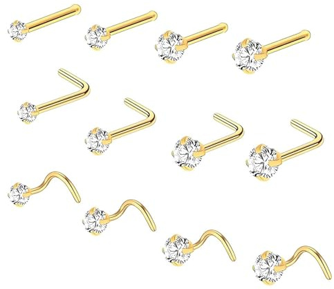 12PCS Gold Nose Piercing, Gold Nose Studs for Women Small Noses Piercing