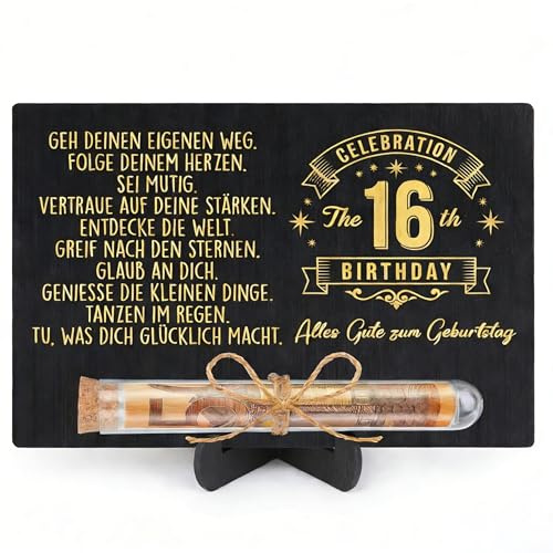 16.Holz Geburtstag Geschenk, 16. Geldgeschenke Geburtstag für Mädchen und Jungen, Schwarz-Gold Holzkarte Geburtsta g, Reagenzglas und Ständer, Alles Gute zum Geburtsta g, Geldgeschenke Verpackung