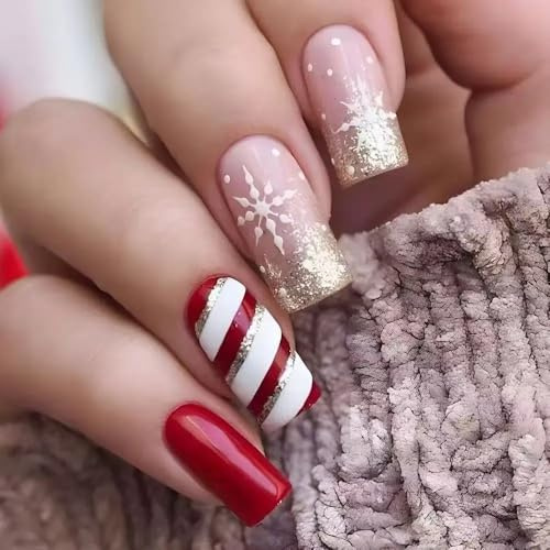 Ztcily 24 Pcs Kit Faux Ongles de Noël, Faux Ongles de Noël Artificiels Rouge Or et Blanc, Long Coffin French Manicure, Idée Cadeau Noël Femme Fille