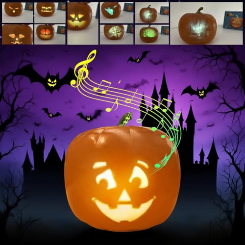 Demiawaking Sprechende und Singende Kürbis, Animierter Kürbis mit eingebaut Projektor-Lautsprecher, LED Nachttischlampe, Halloween Deko, Halloween Kürbis mit Sound (A)