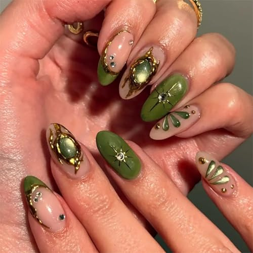 Nymora 24 Pièces Press On Nails, Ongles Faux Autocollants en Vert avec Paillettes Étoilées, Ongles Artificiels à Design 3D, Incluant Colle et Lime à Ongles pour Femmes & Filles
