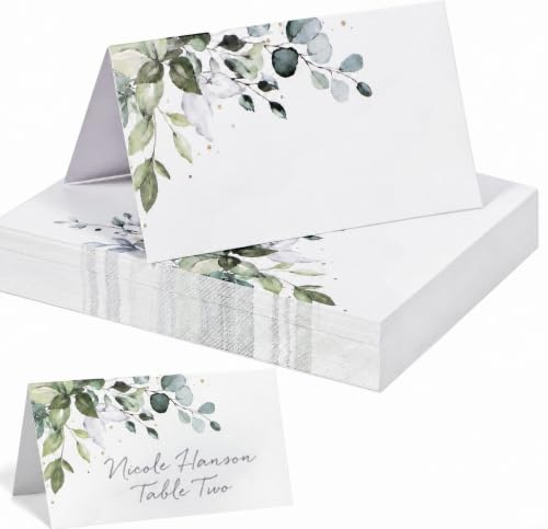 Soiftra 50 Stück 9x10cm Tischkarten Grüne Blätter, Platzkarten für Hochzeit, Tischkarten für Geburtstag, Namenskarten zum Beschriften Namenskarten für Tischdekoration