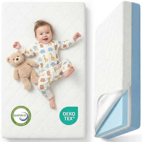 DeerFable Dual Sided Baby Crib Mattress, 5 Inch Thick Soft & Firm Memory Foam Breathable Toddler Mattress, 4 in1 Standard Baby Bed Mattresses with Removable Washable Cover 52x27.6x5 - Blue