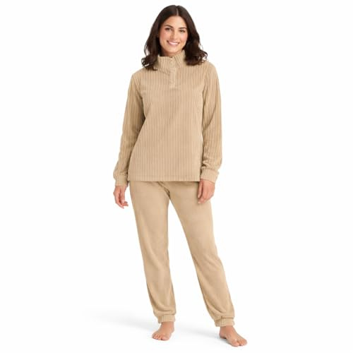 Vionara Home Pigiama Donna Invernale in Caldo e Morbido Coral Fleece, Set Pigiama in Pile, Collo Alto con 3 Bottoni, Ideale per Le Notti Fredde