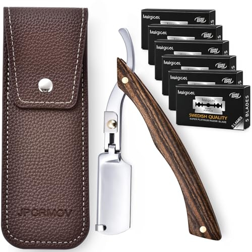 Coupe Choux Barbe Professionnel pour Homme – Rasoir Droit Classique avec Manche en Bois de Santal, Inclut 30 Lames et Étui en Cuir pour un Traçage de Haute Précision