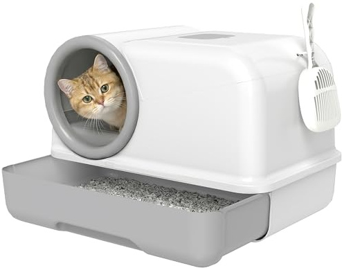PawHut, Bac à litière fermé XL en PP, 59 x 39,5 x 39,5 cm, Gris Clair | Maison de Toilette pour Grand Chat, Nettoyage Facile avec Couvercle et Pelle, Sacs Filtrants