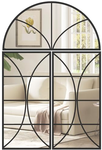 HOMCOM Espejo de Pared arqueado 80x120cm Juego de 3 Piezas Negro | Forma de ventana, vidrio templado irrompible, marco metálico, salón, dormitorio, pasillo