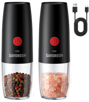 SAVOREON Rechargeable Electric Salt and Pepper Grinder Set - 150ml Large Capacity, Fast USB Charging, Ceramic Core, One-Handed Automatic Grinding, Adjustable Coarseness, Home & Kitchen Gadgets (Black)