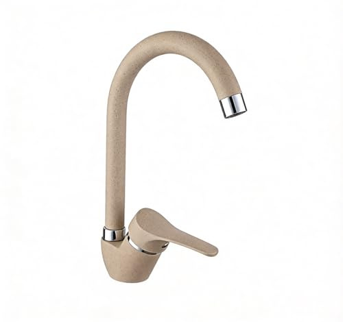 Miscelatore Monocomando Cucina con Canna Alta Girevole a 360°, Rubinetto Lavello in Granito Colore Biege/Avena, Design Moderno Ergonomico