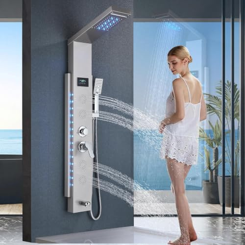 Columna de Ducha Panel de Ducha Baño de Hidromasaje 5 Funciones Sistema de Ducha de Pared de Acero Inoxidable Cepillado con Pantalla LCD Brushed Nickel