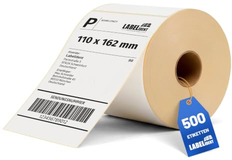 Labelident Versandetiketten 110 x 162 mm - 500 Thermoetiketten auf Rolle | Stark selbstklebende Thermodirekt-Labels für DHL, DPD, FedEx, GLS, Hermes, UPS, Zebra