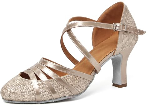 YKXLM Femme Chaussures Danse Latine Standard Salsa Bachata Bout Fermé Briller Prom Escarpins,Talon 7cm,Champagne,EU 38