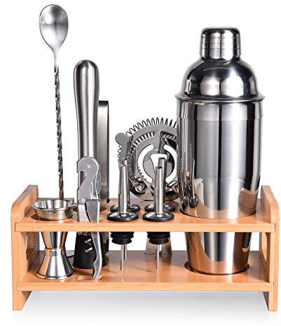 Esmula Kit da barista con elegante supporto in bambù, set di 12 shaker per cocktail per bevande miste, set professionale di strumenti da bar in acciaio inox, libretto di ricette per cocktail (708,7 g)