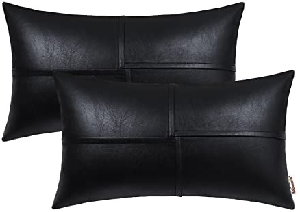 BRAWARM Lendenkissenbezüge aus Kunstleder, 30,5 x 50,8 cm, schwarz, 2 Stück, handgenäht, dekoratives Dekokissen für Couch, Sofa, Bett, Wohnzimmer, Zuhause, Garten