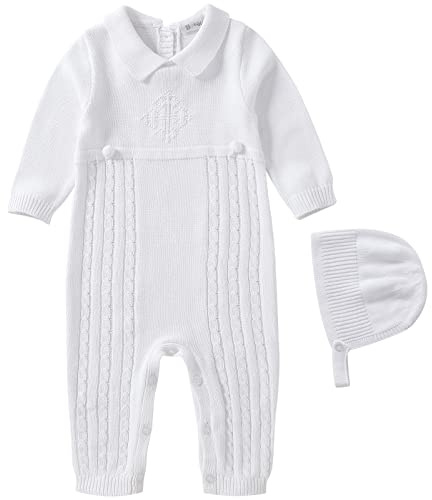 Booulfi Baby Boy's Christening Baptism Outfits Suit with Hat 2 Pc Cross Details Fall Baby Boy Clothes Collared White Knitted Baby Boy Winter Clothes 3-6 Months