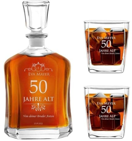 Maverton Whiskey Karaffe + 2/4 / 6er Whiskygläser Set mit Gravur - 700ml Whisky Dekanter - Geschenk zum Geburtstag für Damen - Jahre alt