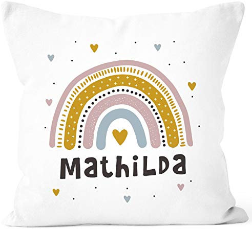 SpecialMe® Kissen-Bezug Kinder Regenbogen mit Namen Herz Wunschname Namenskissen Kinder Baby Mädchen weiß 40cm x 40cm