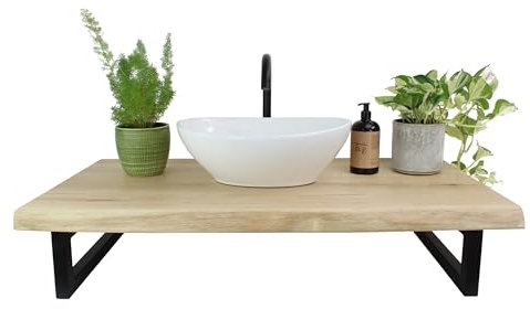Natural Goods Berlin Waschtischplatte Eiche Aufsatz-Waschbecken Baumkante Echtholzbohle Naturkante Massivholz Design Waschtisch schwebend Wandmontage Badezimmer Holzplatte (B80 x T50cm, Schwarz)