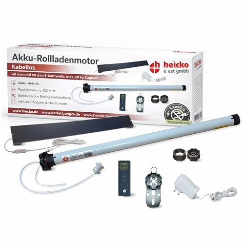 heicko Akku Rollladenmotor 13 Nm für 40 mm u. 60 mm 8-Kantwelle – Funk Rohrmotor mit elektronisch einstellbaren Endlagen, Soft-Stopp, bi-direktional, max.29 kg, inkl. Sender,Solarpanel,Ladegerät,Lager